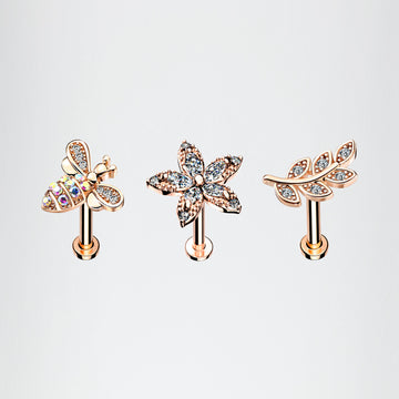 3 Pcs Pack of Assorted Rose Gold Honey Bee Flower Leaf Internally Threaded Labret
